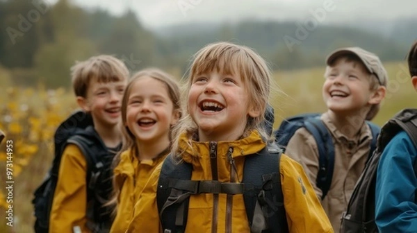 Fototapeta A group of smiling children in yellow jackets enjoying an outdoor adventure.