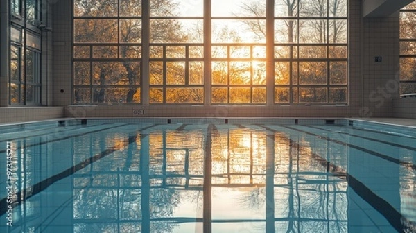 Fototapeta A serene indoor swimming pool reflecting sunlight through large windows.