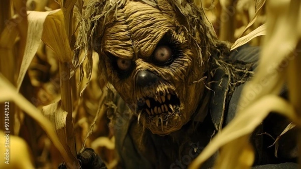 Obraz illustration Scary scarecrow with yellow eyes in corn field with orange sunset background. Pumpkin Halloween holiday concept