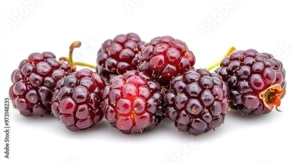 Fototapeta A cluster of fresh blackberries on a white background, showcasing their rich color and texture.