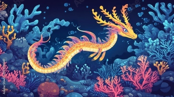 Fototapeta Vibrant underwater scene featuring a colorful dragon swimming among coral reefs, perfect for fantasy and ocean-themed designs.