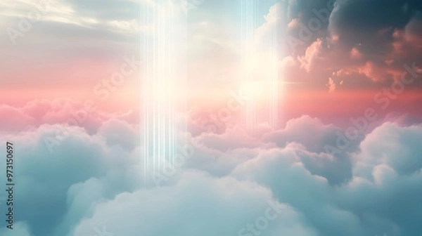Fototapeta Ethereal Sunbeams Piercing Through Dramatic Clouds in Captivating Celestial Landscape