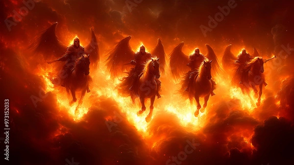 Fototapeta Four fiery horsemen emerge from flames symbolizing the apocalypse and the end times in a scene of chaos and destruction.  