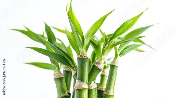 Obraz A cluster of vibrant green bamboo shoots with lush leaves against a white background.