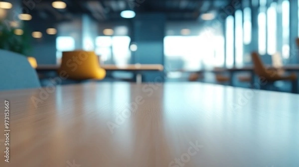 Fototapeta A blurred view of a modern office space with wooden tables and bright windows.