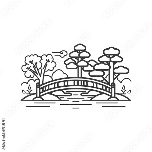 Obraz A Simple Line Drawing of a Bridge Over a Stream With Trees