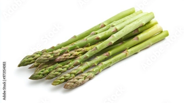 Fototapeta A bunch of fresh asparagus spears on a white background, showcasing their vibrant green color.