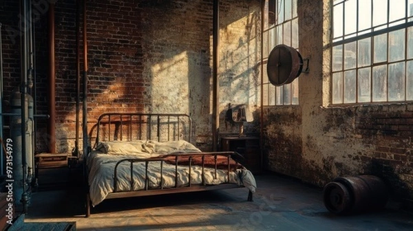 Fototapeta A rustic bedroom with a vintage bed in an industrial-style space.