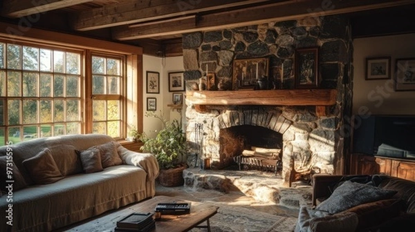Fototapeta Cozy living room with a stone fireplace, inviting natural light, and comfortable furnishings.