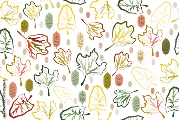 Fototapeta Pattern of abstract autumn leaves on a white background. Vector illustration for wallpaper, textile, packaging design