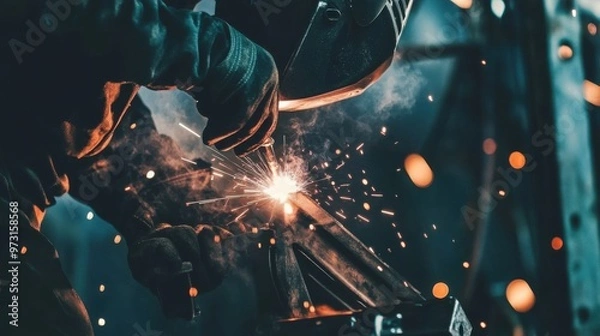 Fototapeta Welder Creating Sparks in a Dark Workshop