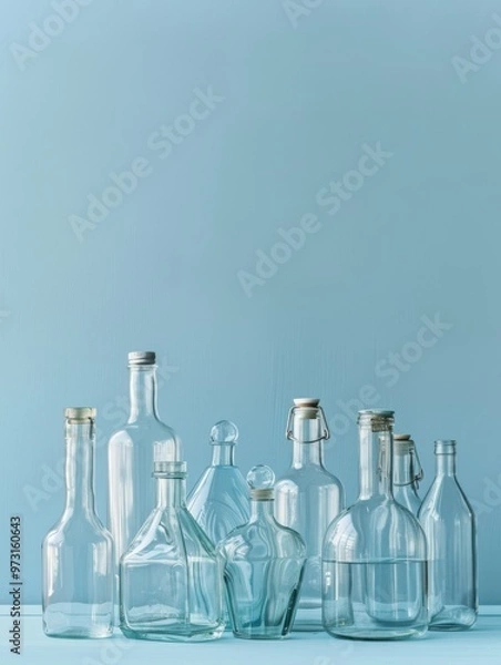 Fototapeta Border design with a collection of glass water bottles in various sizes, isolated on a pastel blue background