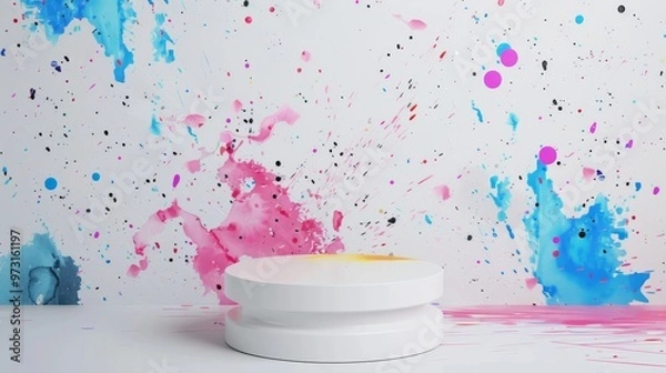 Fototapeta White podium with colorful abstract splatter background for cosmetic banner presentation Close-up photo with clean background