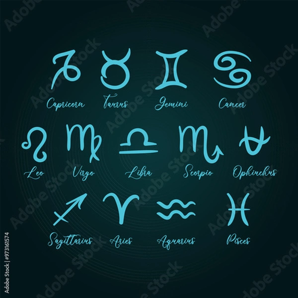 Fototapeta Stylized Zodiac Signs Featuring Various Elements on a Dark Background for a Cosmic Vibe. 13 symbols, Ophiuchus. astrological signs, celestial objects, astrology, mystical, space, predict the future