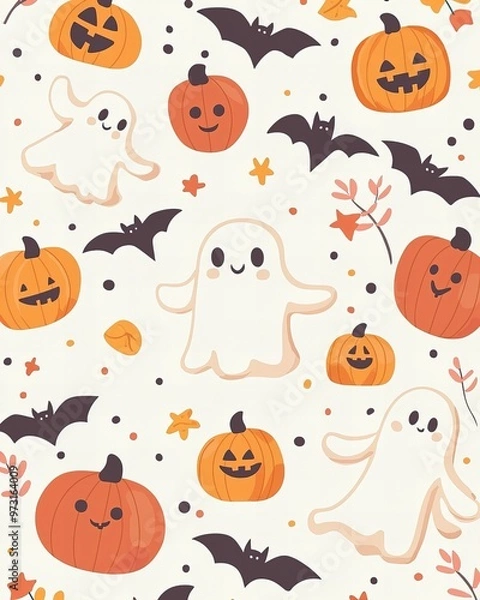 Obraz Cute Halloween card, pastel color palette, adorable ghosts, smiling pumpkins, and tiny bats.