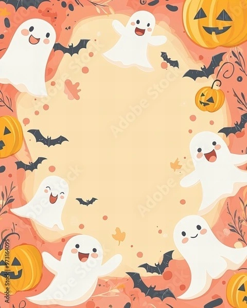 Fototapeta Cute Halloween card, pastel color palette, adorable ghosts, smiling pumpkins, and tiny bats.