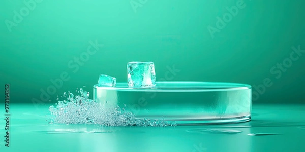 Fototapeta 3d Mock up Frosted glass podium with ice cubes and cool mist Pedestal stage for beverage product presentation Refreshing scene for advertising Sale promotion background