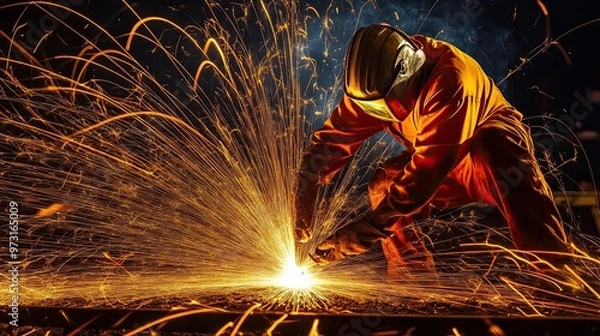 Fototapeta Dynamic Metalworker Creating Sparks in Workshop