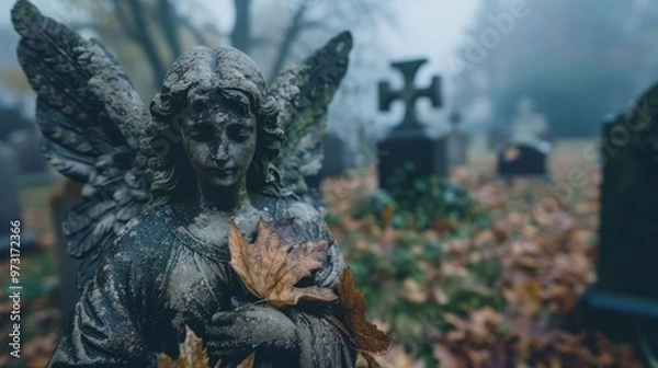 Fototapeta A somber angel statue with weathered features standing in a misty graveyard, surrounded by overgrown grass and fallen leaves. Close-up photo with clean background