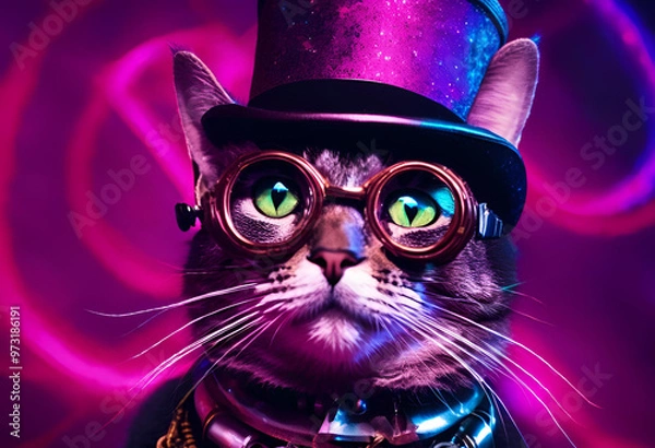 Obraz Image of steampunk cat with tuba hat, glasses and collar in universe generative ai