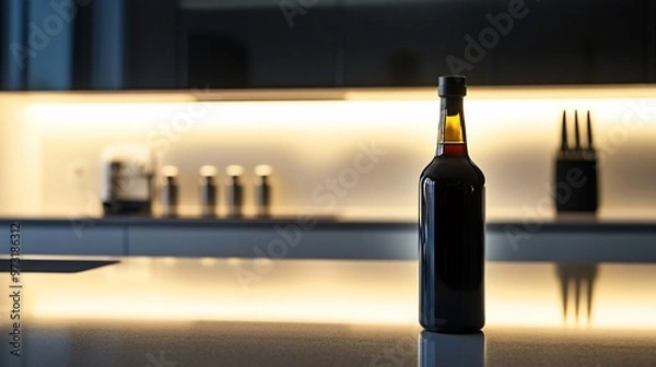 Fototapeta A sleek, minimalist kitchen countertop with only a bottle of balsamic vinegar, with faint light patterns reflecting from a glossy background