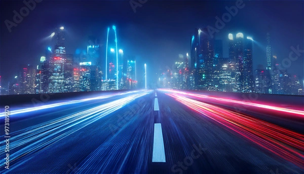 Obraz 未来都市の高速道路、濡れた路面にネオンが反射し、車のヘッドライトが光の軌跡を描く。煙と霧が混じり合う空気の中、ビルの上空にサーチライトが交差する。
