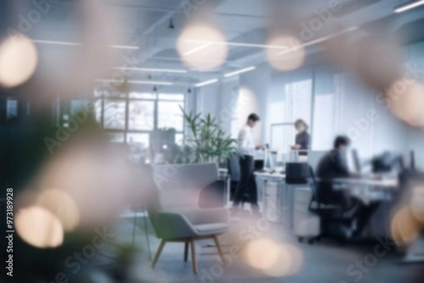 Fototapeta Office team collaboration. Modern office setting with a team of workers collaborating. The blurred background emphasizes teamwork and productivity.