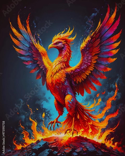 Fototapeta A fire with a bird on it and a fire in the background.