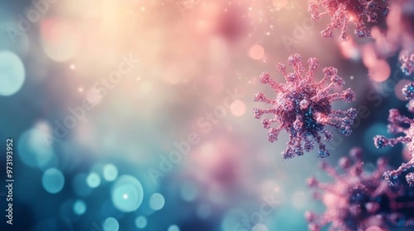 Fototapeta 3D rendering of monkeypox virus particles floating in a colorful background showing viral mutation and spread.