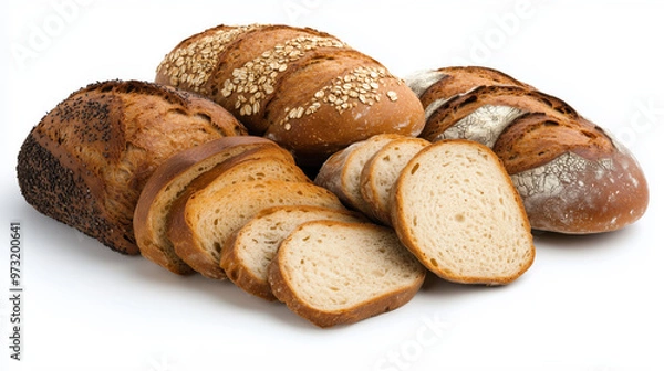 Fototapeta A variety of breads including whole-grain and sourdough isolated on white