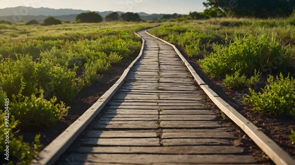 Fototapeta Conceptual Image of a Wooden Path in a Green Field