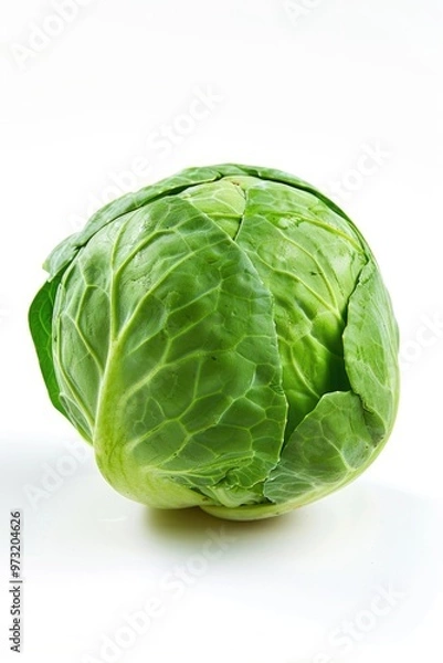 Fototapeta A fresh head of cabbage sits on a clean white surface, ready for use or display