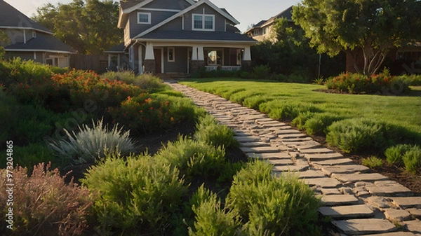 Fototapeta House with Stone Path and Garden Landscape