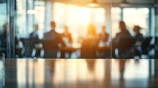 Obraz Blurred Image of People in a Glass Office Meeting with Softly Blurred Background – Capturing the Ambiance of a Professional Business Environment, Ideal for Corporate, Workplace, Collaboration Themes.