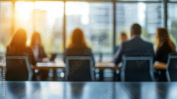 Obraz Blurred Image of People in a Glass Office Meeting with Softly Blurred Background – Capturing the Ambiance of a Professional Business Environment, Ideal for Corporate, Workplace, Collaboration Themes.