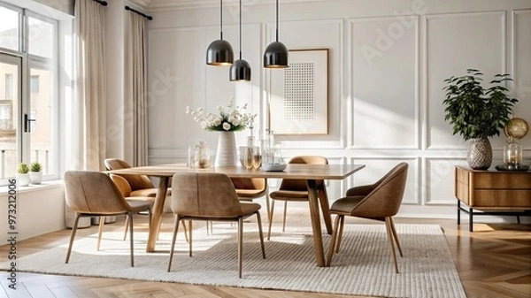 Fototapeta Detailed view of a minimalistic dining area with a simple table, elegant chairs, and understated decor, creating a refined and open dining space.