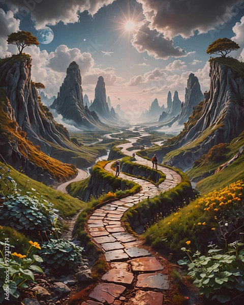 Fototapeta Beautiful fantasy landscape with a path in the middle of the mountains