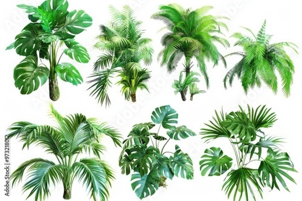 Fototapeta A collection of colorful tropical plants on a white background, perfect for decorating and design