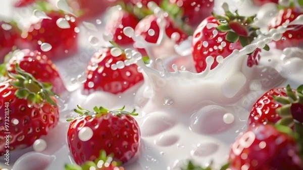 Fototapeta A bowl of fresh strawberries being poured with milk, ideal for breakfast or dessert