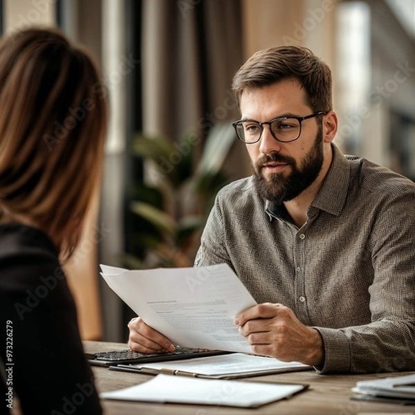 Fototapeta Tax Advisor Consulting with Client, Advisor Providing Guidance, and Client Engaged in Discussion, Professional Interaction Focused on Financial Advice