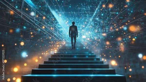 Fototapeta Climb the digital ladder to success with technology solutions. Achieve your mission and transform your career. Envision the future and grow your business with innovative ideas.