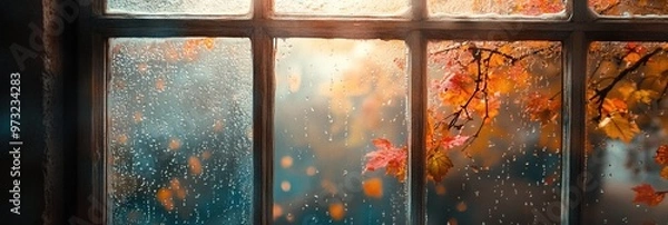 Fototapeta autumn scenery after window, rainy day, rain on window 