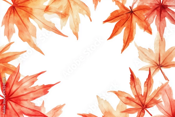 Fototapeta 赤い紅葉のフレーム, 水彩イラスト, 秋