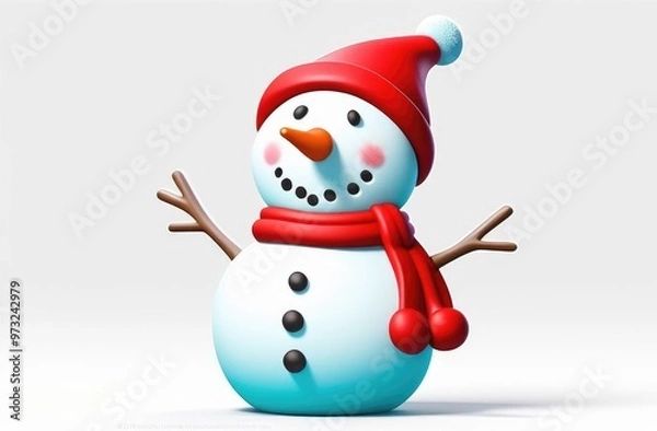 Fototapeta 3d snowman smiling in red hat on a white background. New Year's card, poster. A place for the text.