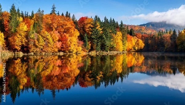 Fototapeta Colorful Autumn Foliage Reflecting in Still Lake, Creating a Picture-Perfect Scene