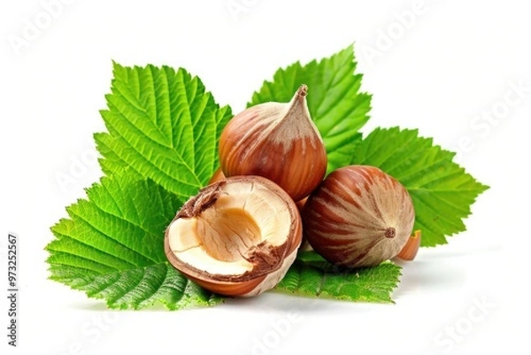 Obraz A collection of nuts and leaves on a white background