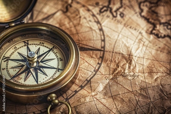 Obraz Vintage Compass on Antique Map for Columbus Day Promotions - Exploration and Adventure Theme