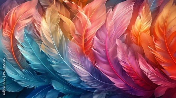 Fototapeta A colorful image of feathers with a blue and orange feather in the middle