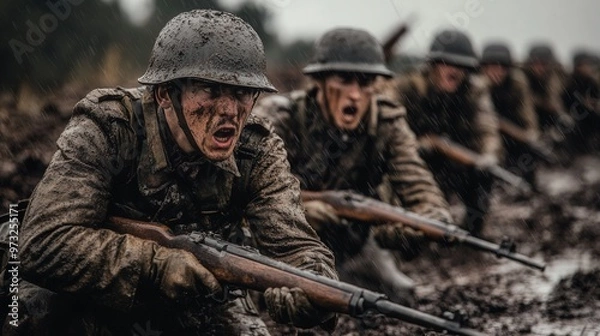 Fototapeta A group of soldiers are lined up in the mud, with their guns ready