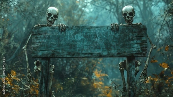 Fototapeta Two skeletons are holding a sign copy space